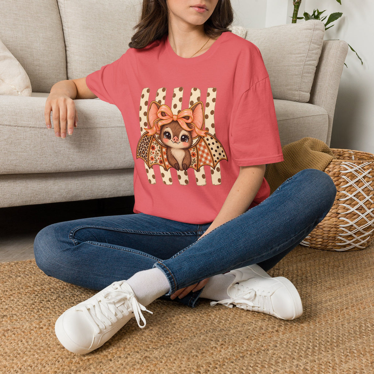 Cute Bat Tee — Adorable Bat with Bow Graphic T-Shirt (Leopard Striped Background)