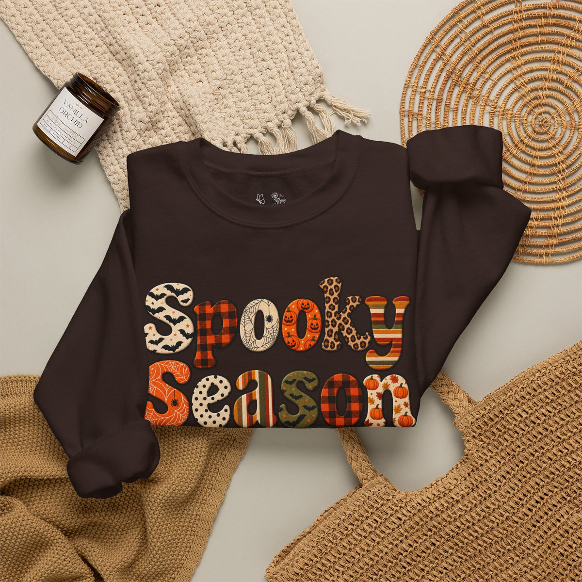 Spooky Season Sweatshirt — Retro Patterned Halloween Crewneck