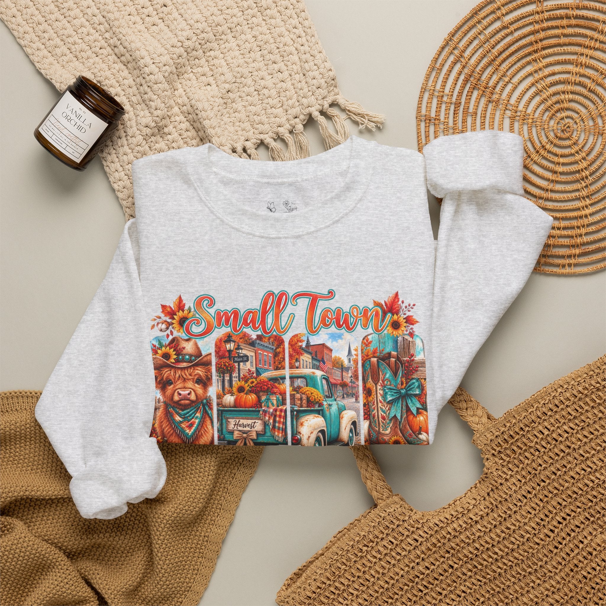 Fall Vibes Crewneck Sweatshirt - "Small Town Fall Vibes" Retro Autumn Graphic
