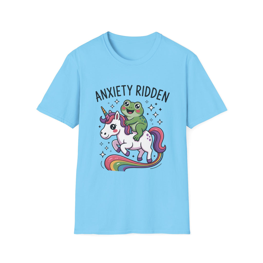 Anxiety Ridden Frog on Unicorn T-Shirt — Cute Mental Health Awareness Graphic Tee