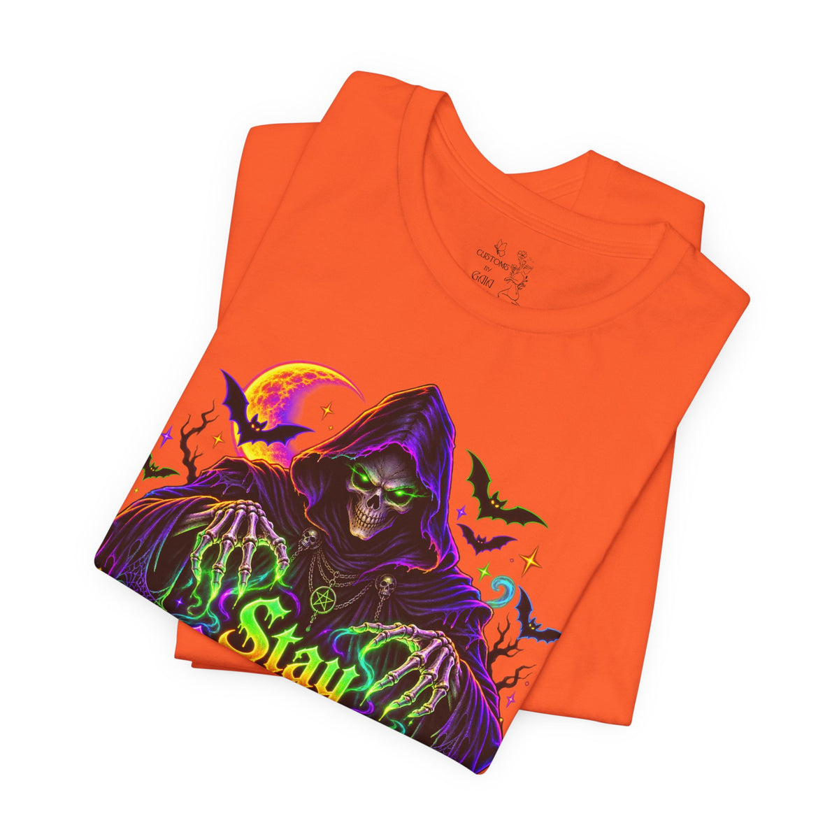 Stay Spooky Halloween Tee — Neon Grim Reaper & Haunted Castle Graphic T-Shirt