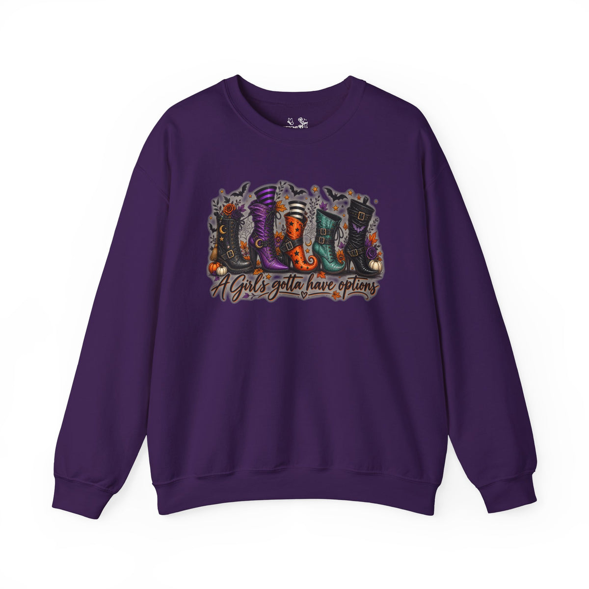 Witch Boots Crewneck Sweatshirt — "A Girl's Gotta Have Options" Halloween Pullover