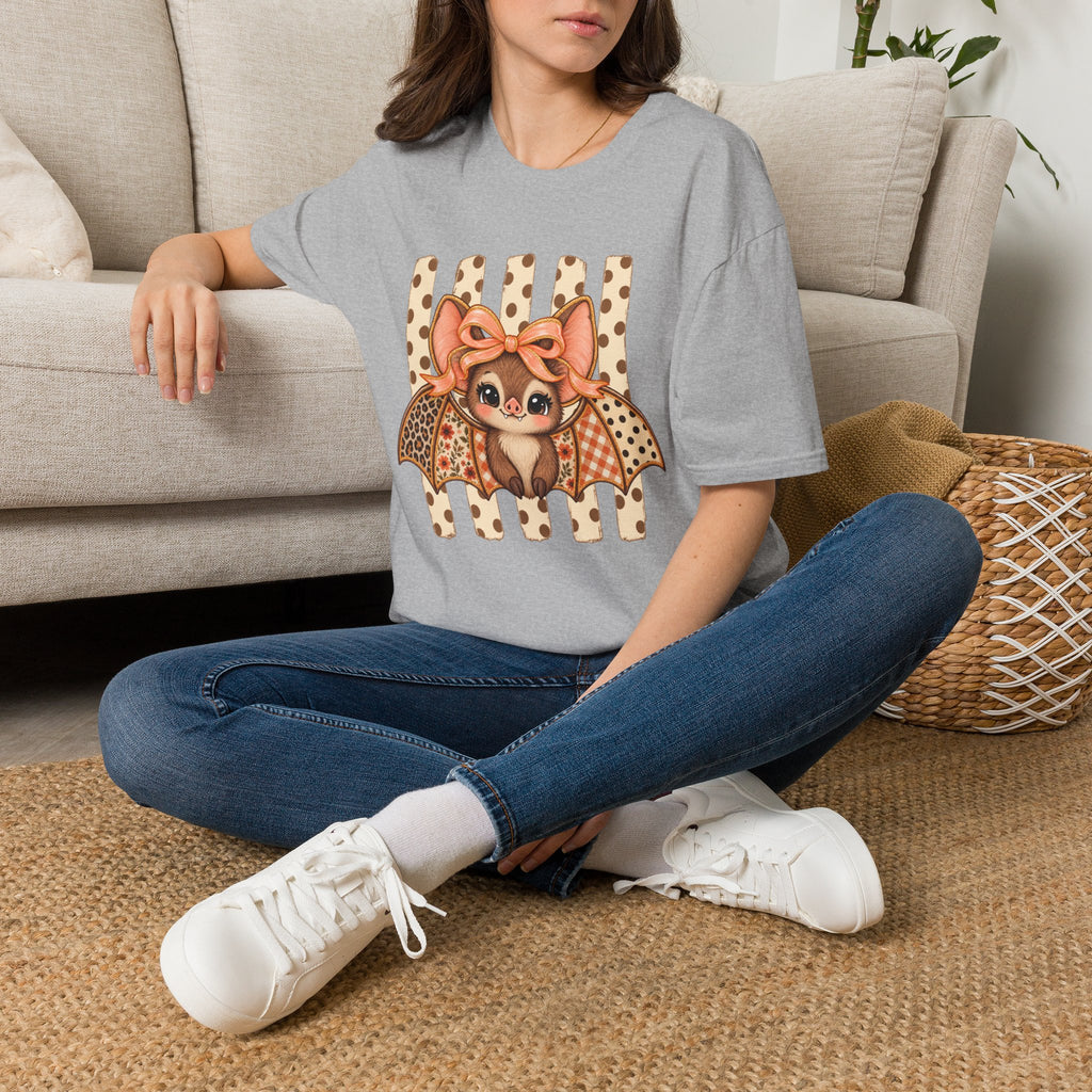 Cute Bat Tee — Adorable Bat with Bow Graphic T-Shirt (Leopard Striped Background)