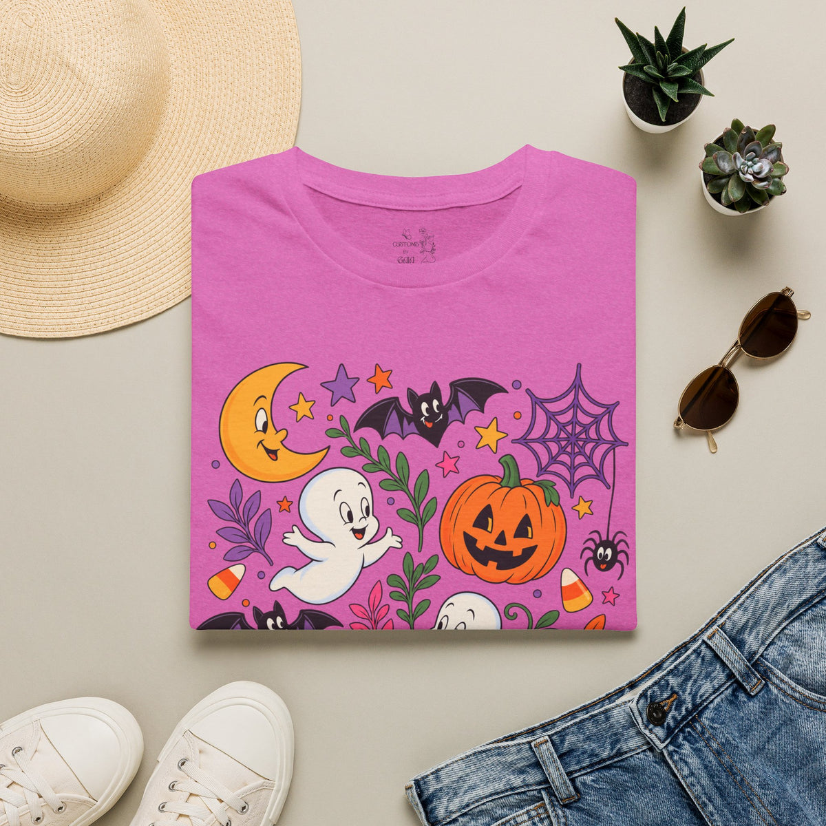 Cute Halloween T-Shirt — Friendly Ghosts, Pumpkins & Bats Graphic