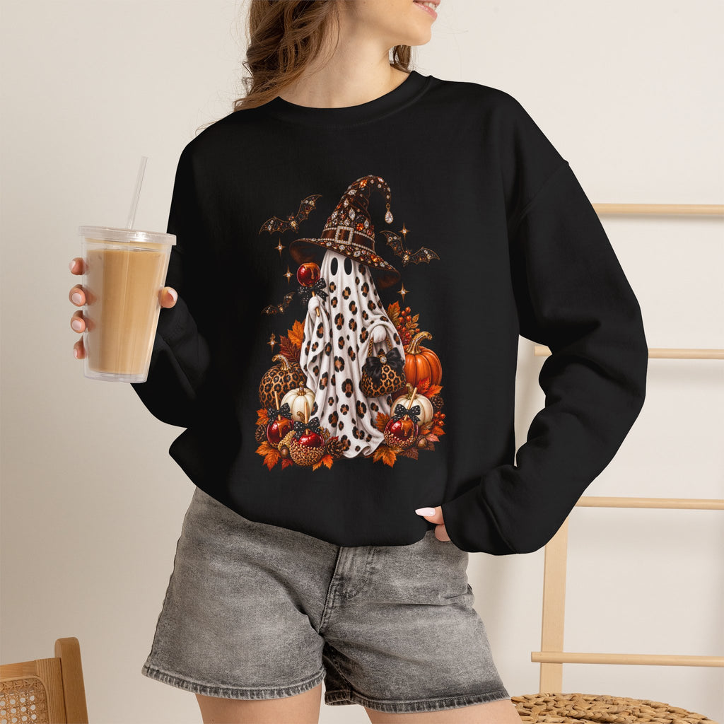 Halloween Ghost Sweatshirt – Spooky Gnome with Witch Hat, Pumpkins & Bats Crewneck