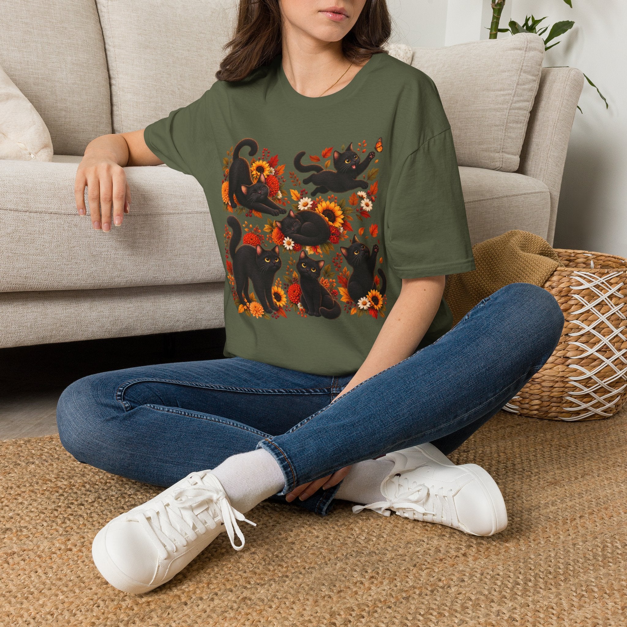 Black Cats & Sunflowers T-Shirt — Autumn Floral Cat Tee