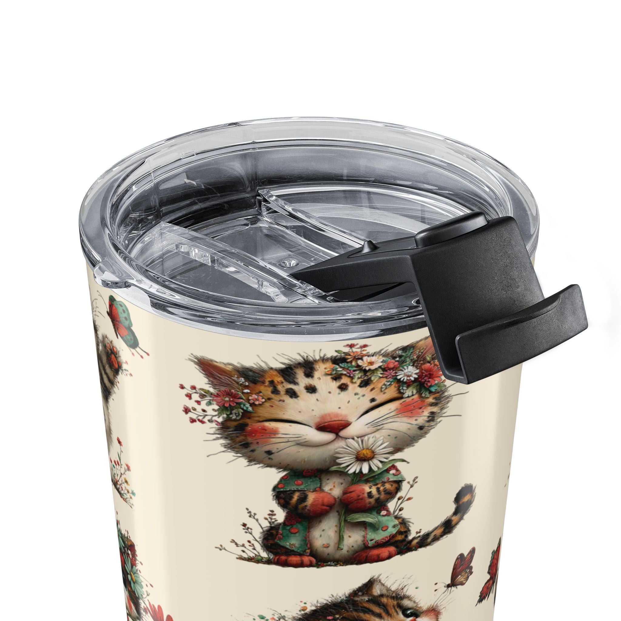 Copy of 20oz Whimsical Cat Floral Tumbler — Cute Vintage Kittens Travel Cup - Beige