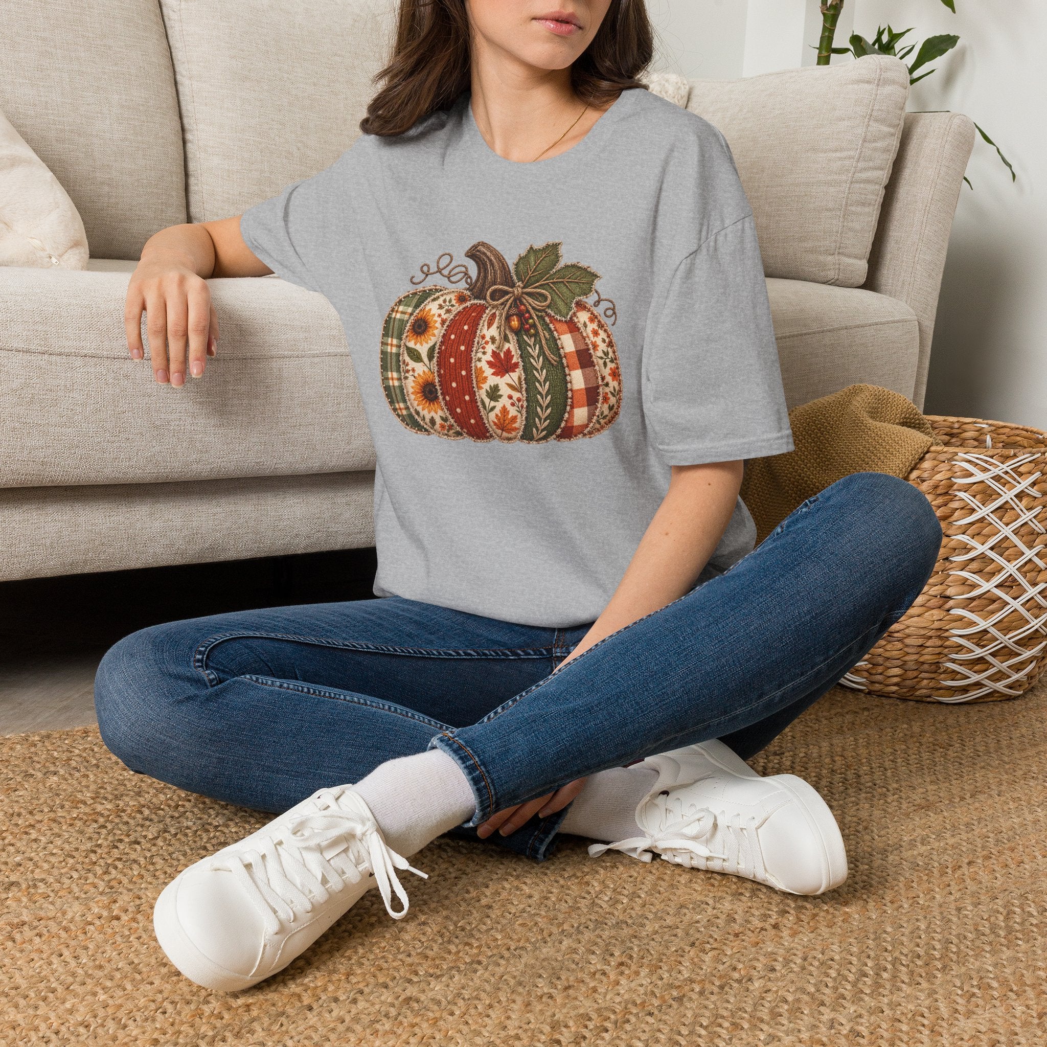 Fall Patchwork Pumpkin T-Shirt — Plaid & Floral Autumn Tee