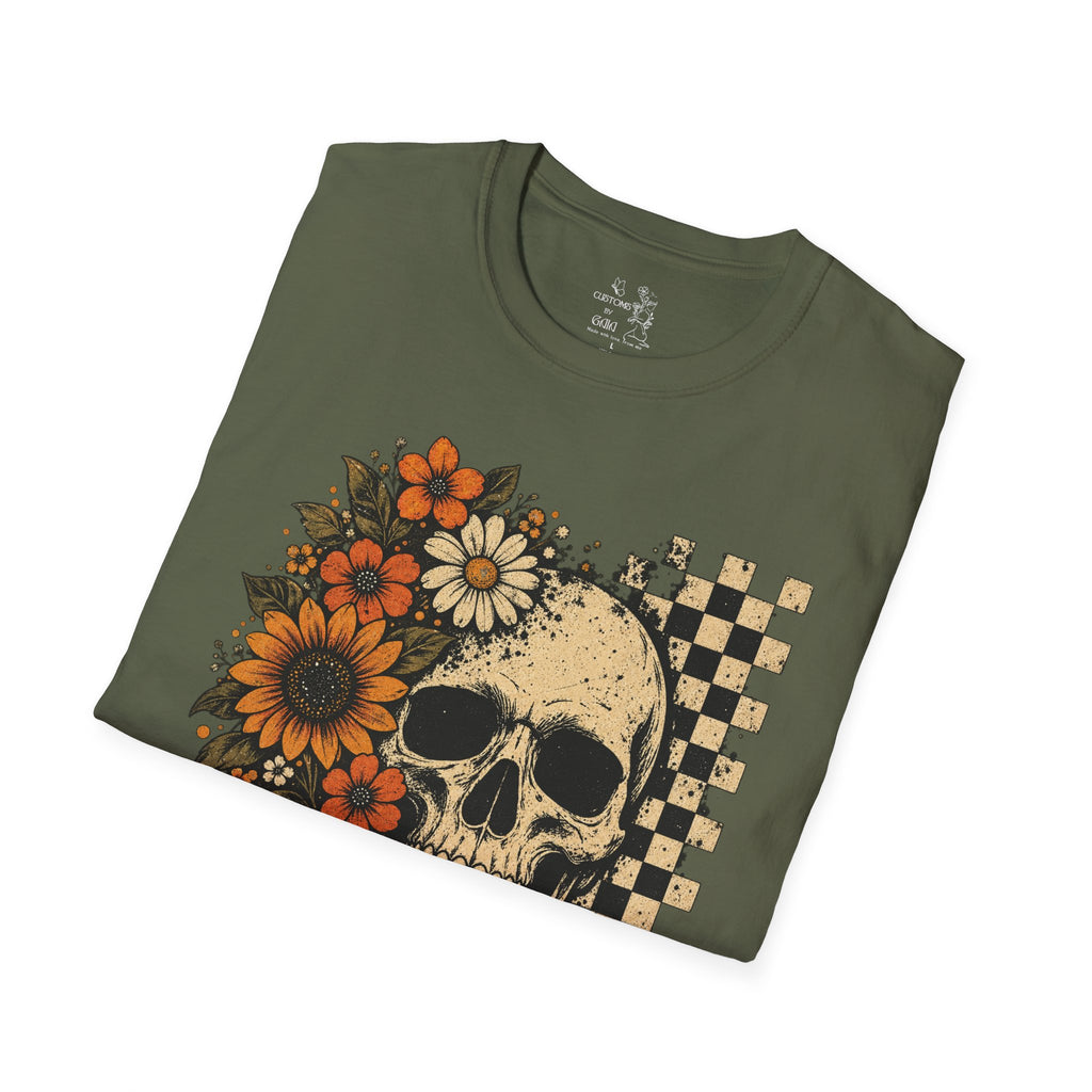Floral Skull T-Shirt – Gothic Sunflower Checkerboard Design