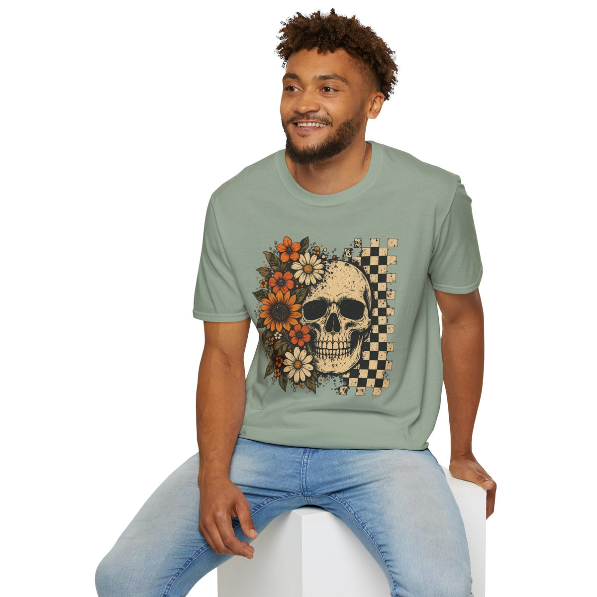 Floral Skull T-Shirt – Gothic Sunflower Checkerboard Design