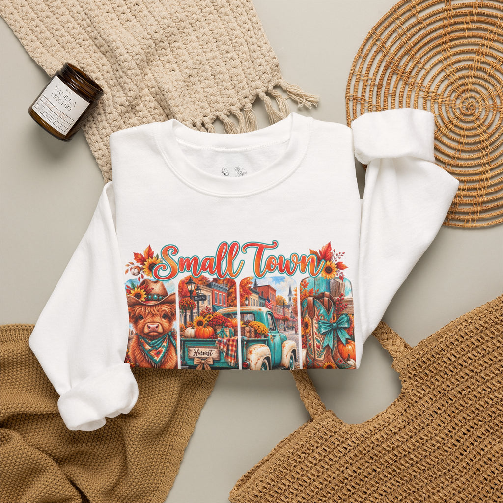 Fall Vibes Crewneck Sweatshirt - "Small Town Fall Vibes" Retro Autumn Graphic
