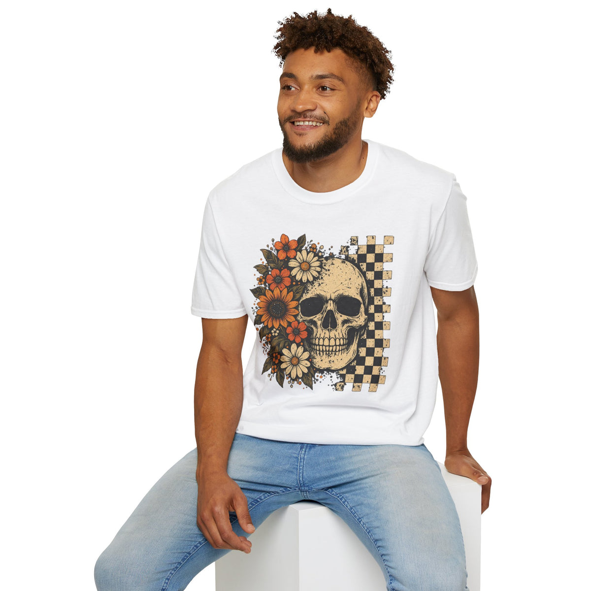 Floral Skull T-Shirt – Gothic Sunflower Checkerboard Design