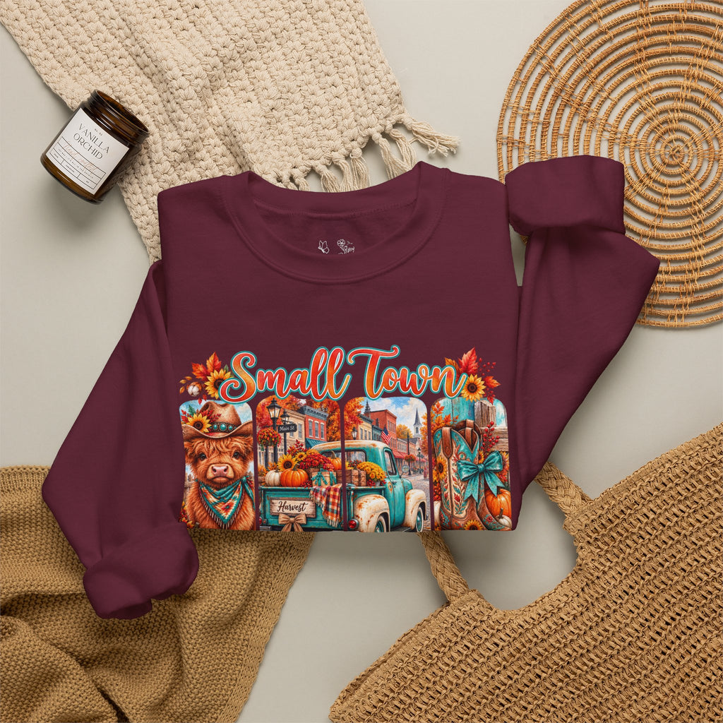 Fall Vibes Crewneck Sweatshirt - "Small Town Fall Vibes" Retro Autumn Graphic