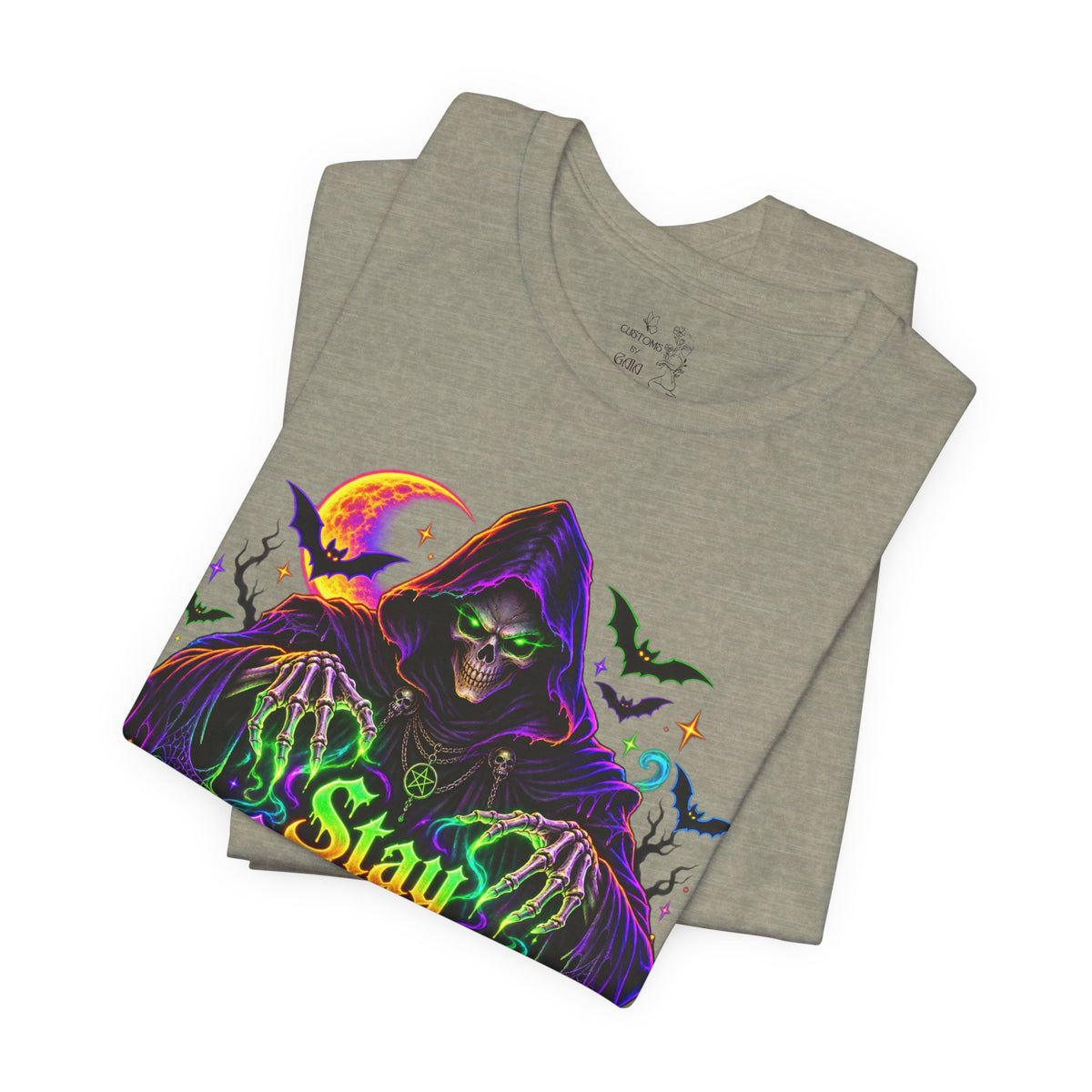 Stay Spooky Halloween Tee — Neon Grim Reaper & Haunted Castle Graphic T-Shirt