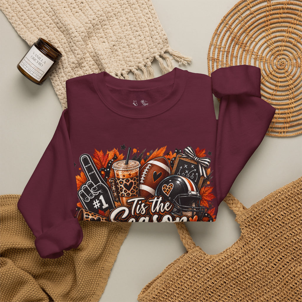 Tis the Season Fall Sweatshirt - Cozy Autumn Leaves & Football Crewneck