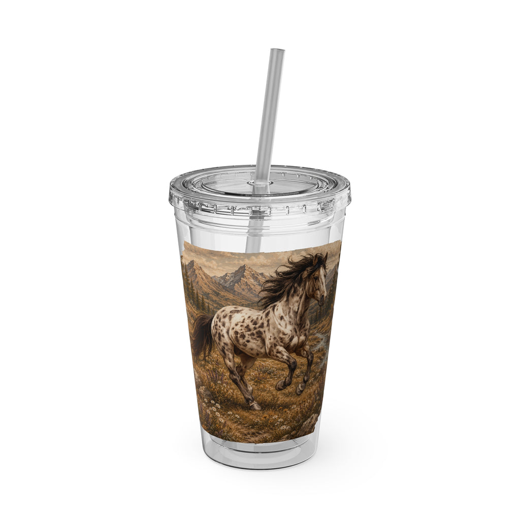 16oz Horse Sunset Tumbler with Straw — Mountain Trail Sunsplash Design