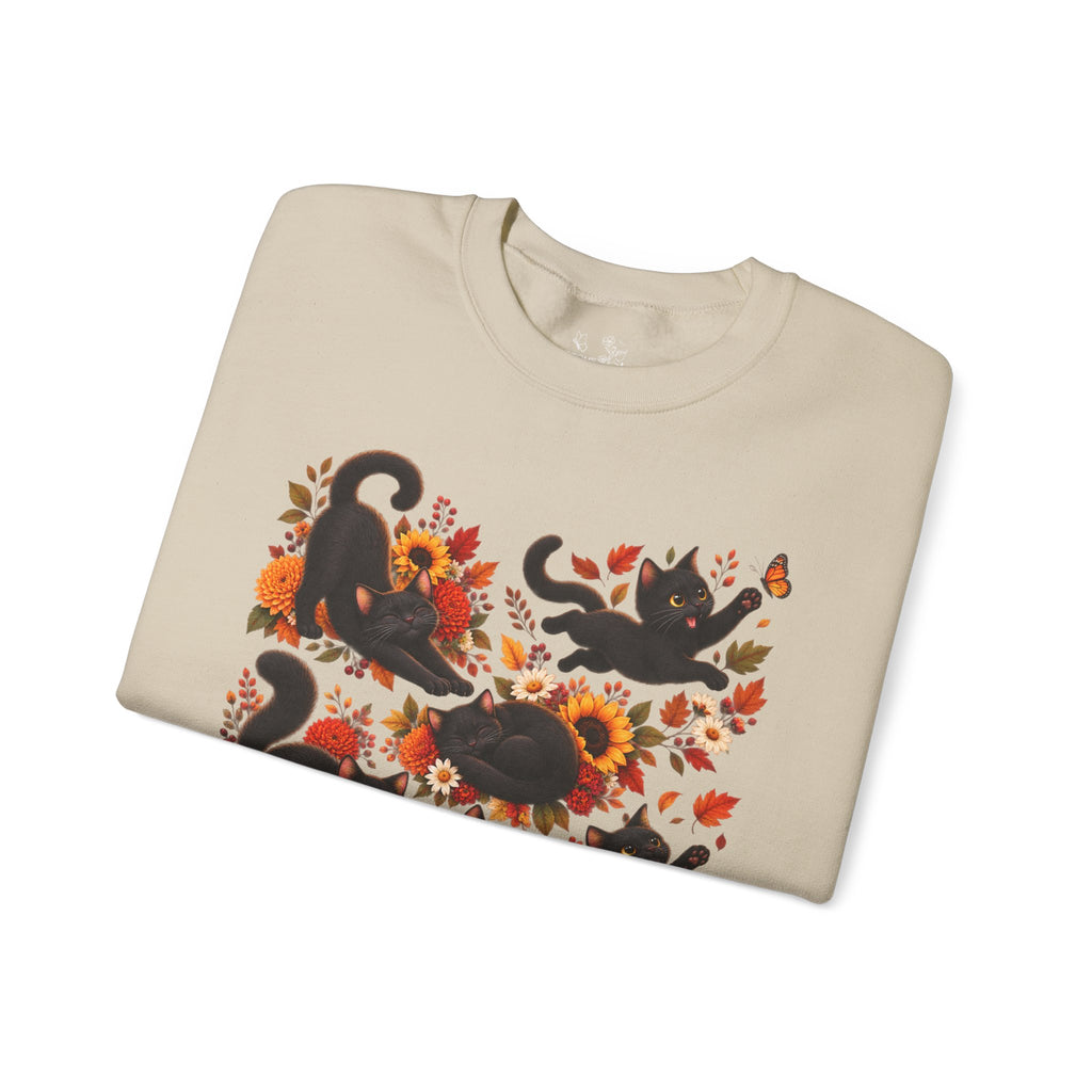 Autumn Black Cats Crewneck Sweatshirt — Fall Floral Halloween Cat Design