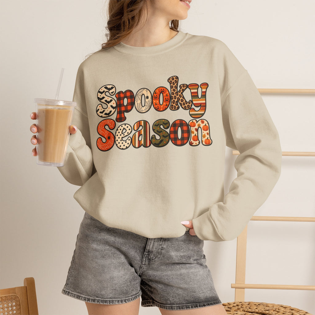 Spooky Season Sweatshirt — Retro Patterned Halloween Crewneck