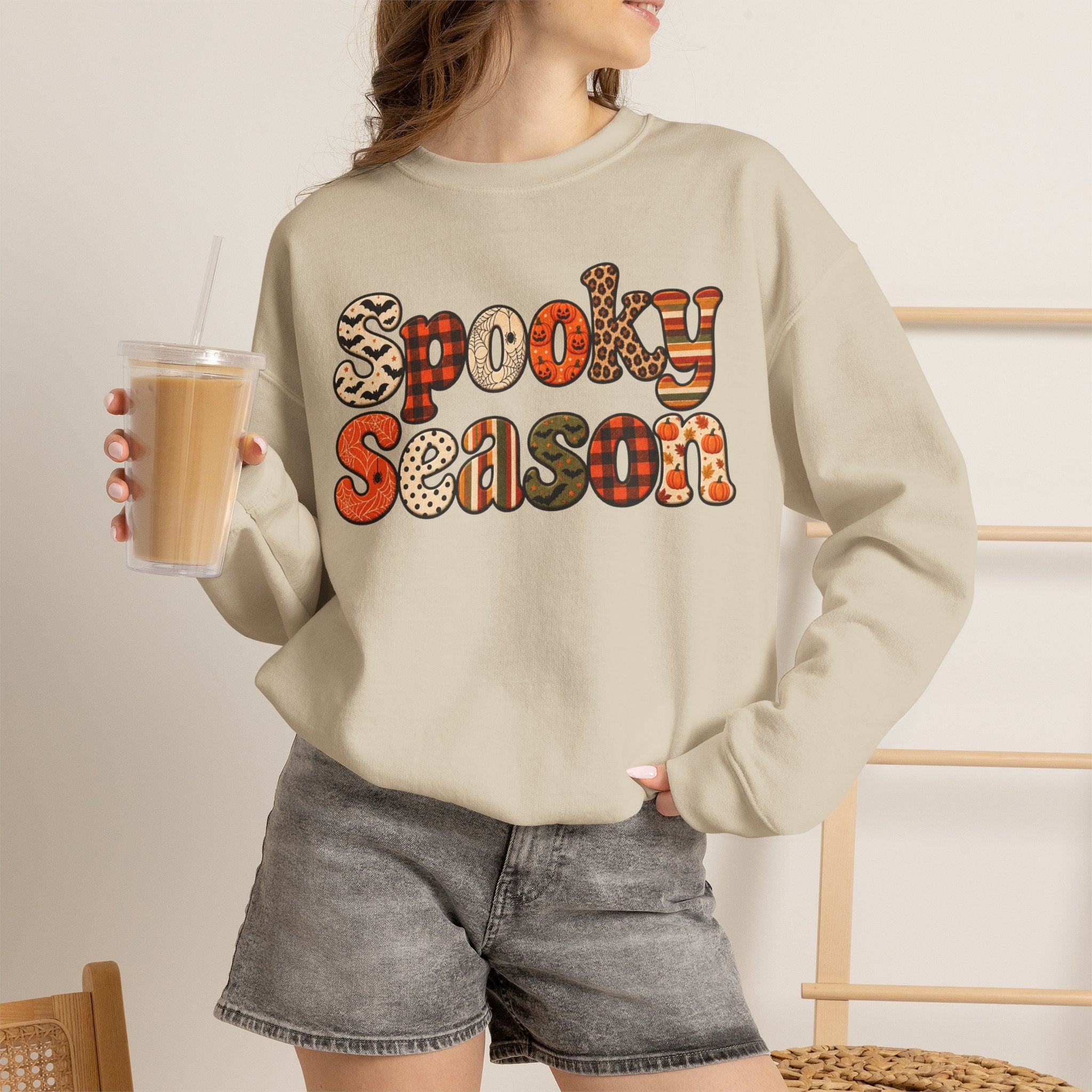 Spooky Season Sweatshirt — Retro Patterned Halloween Crewneck