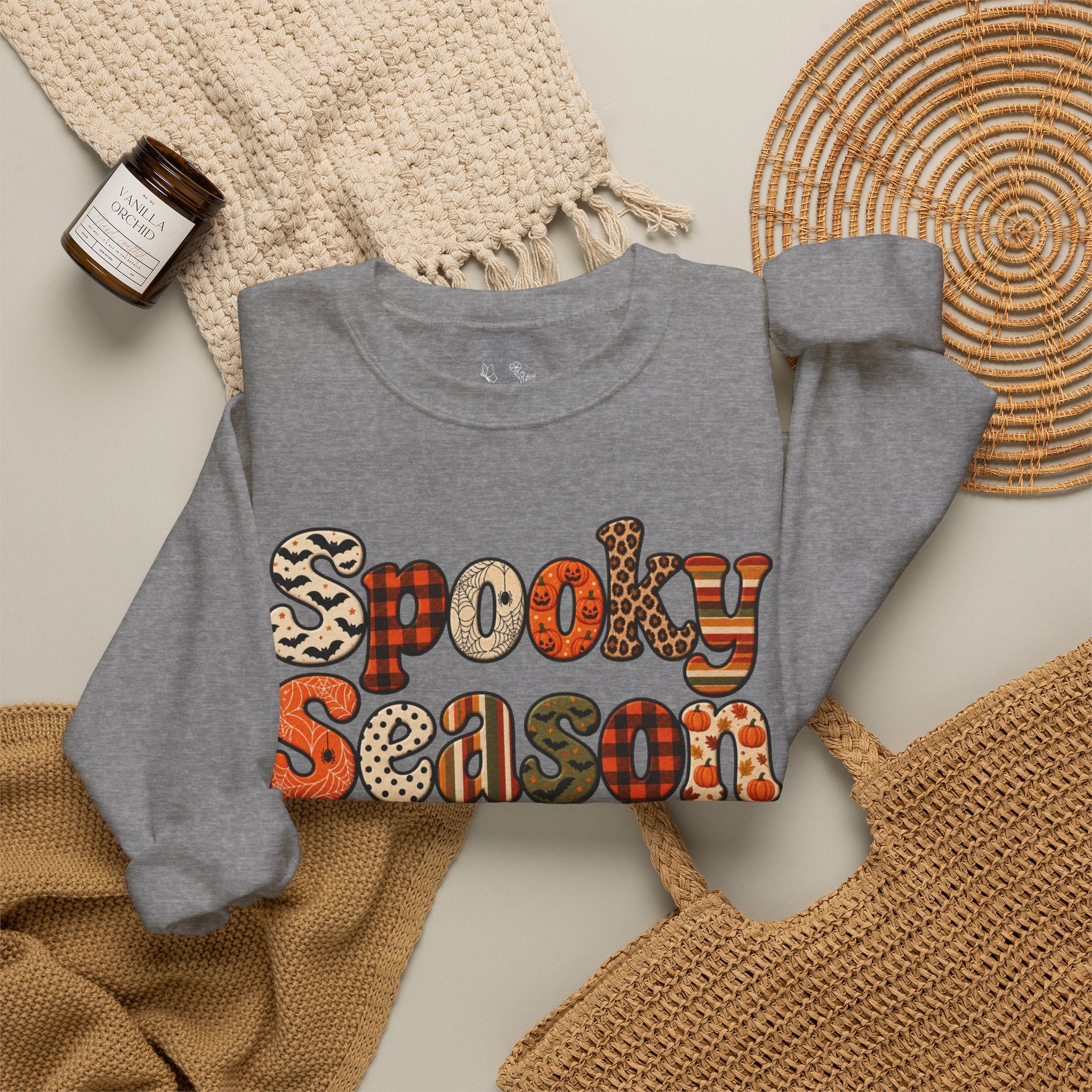 Spooky Season Sweatshirt — Retro Patterned Halloween Crewneck