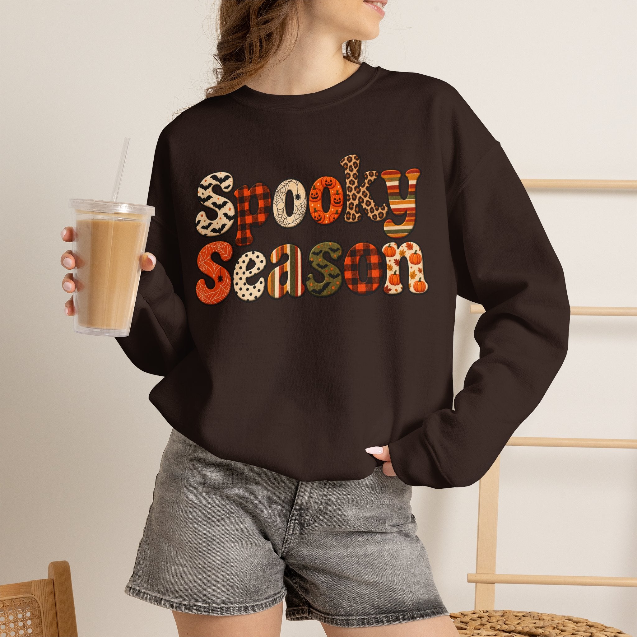 Spooky Season Sweatshirt — Retro Patterned Halloween Crewneck