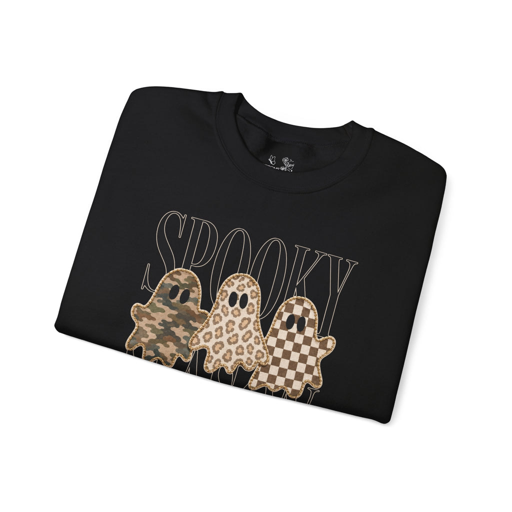Spooky Season Ghosts Sweatshirt — Neutral Plaid & Camo Halloween Crewneck