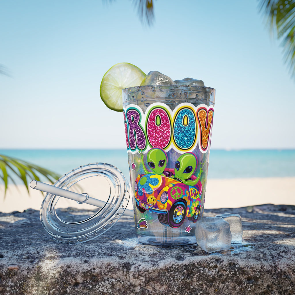 Groovy Aliens 16oz Tumbler with Straw — Retro Peace Sign, Psychedelic Van Design