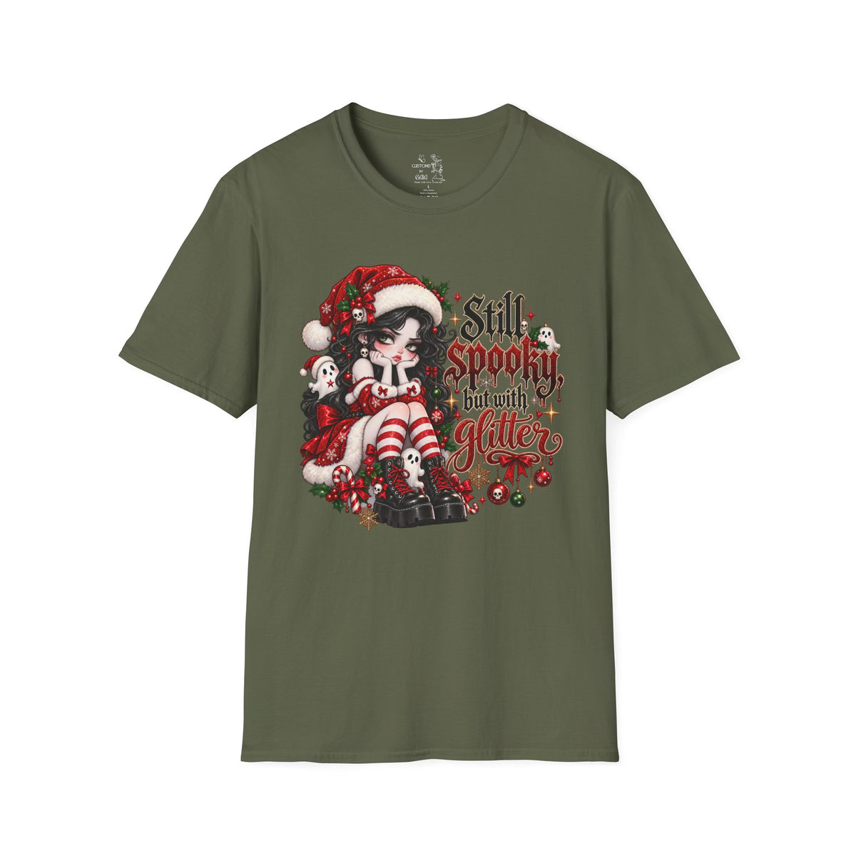 Christmas Goth T‑Shirt – "Still Spooky But With Glitter" Elf Girl Holiday Tee