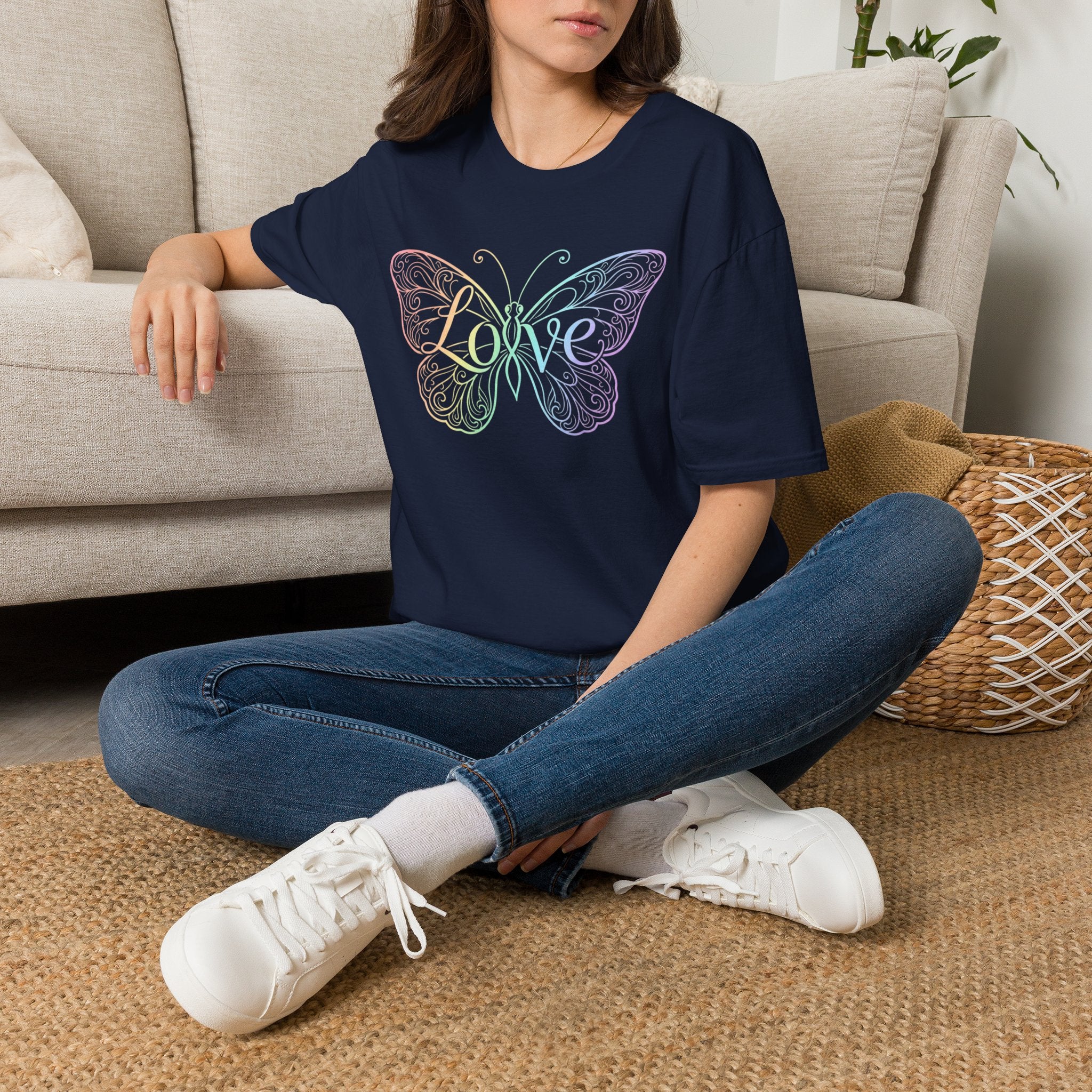 Butterfly "Love" T-Shirt — Pastel Rainbow Filigree Design