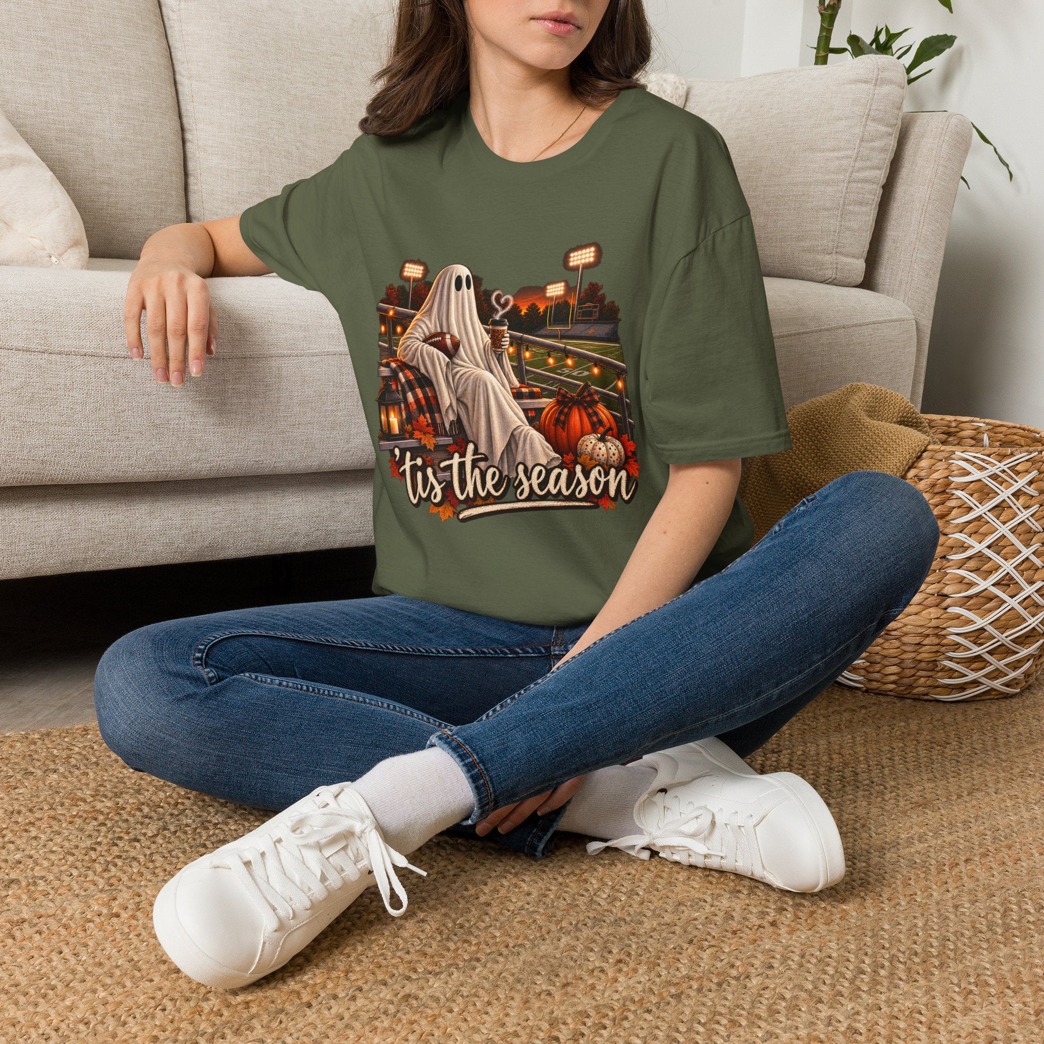 Halloween Ghost Football T‑Shirt – 'Tis the Season' Vintage Stadium Tee