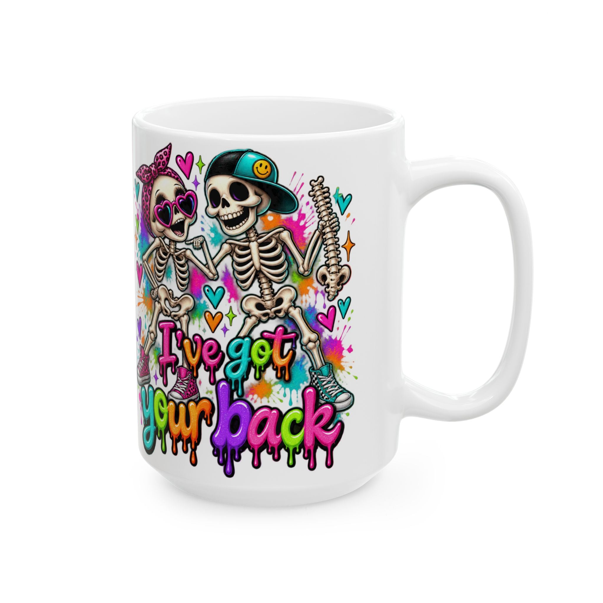 Skeleton Rocker Ceramic Mug — Colorful 'I've Got Your Back' Coffee Cup (11oz & 15oz)