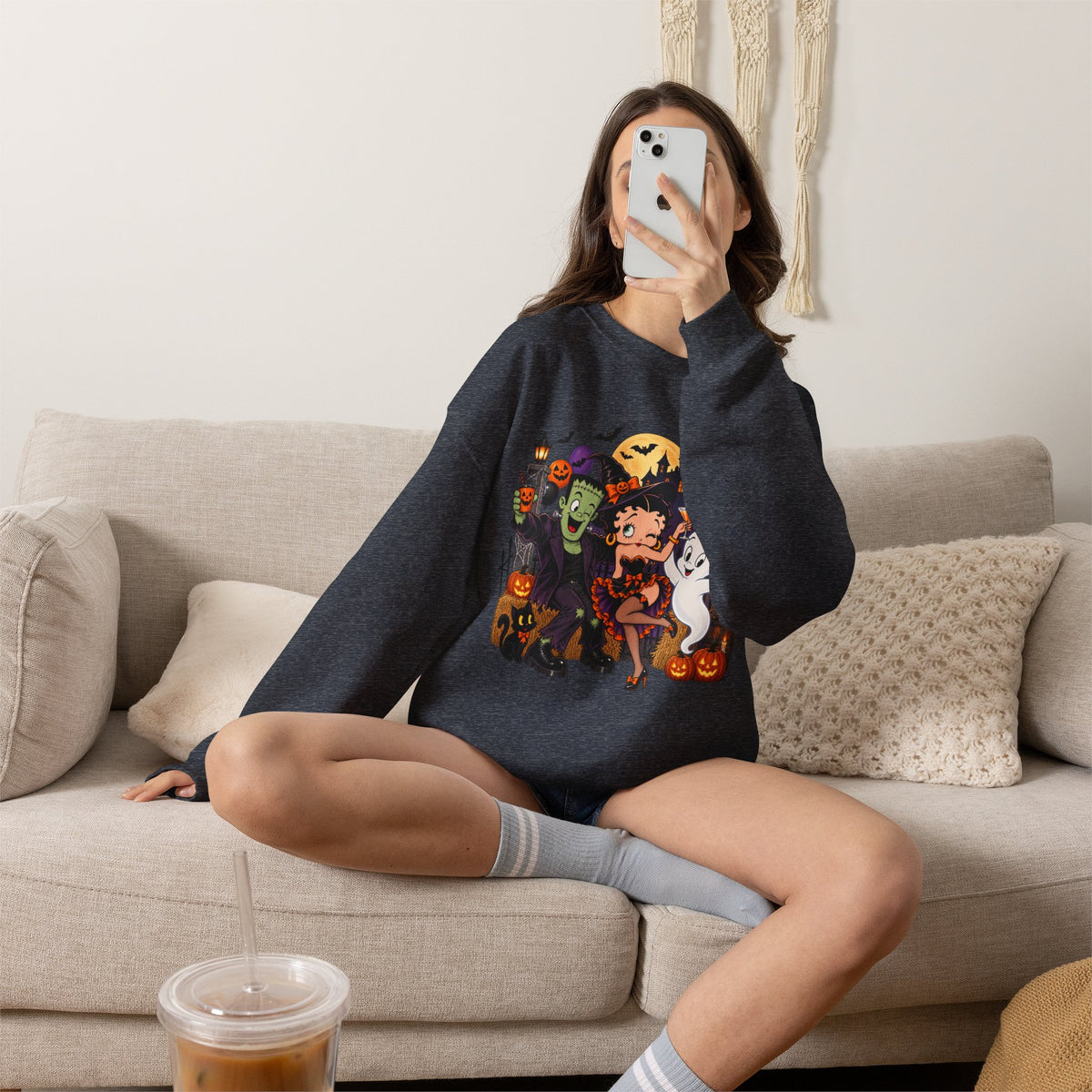 Halloween Betty Boop Crewneck Sweatshirt — Retro Spooky Cartoon Graphic