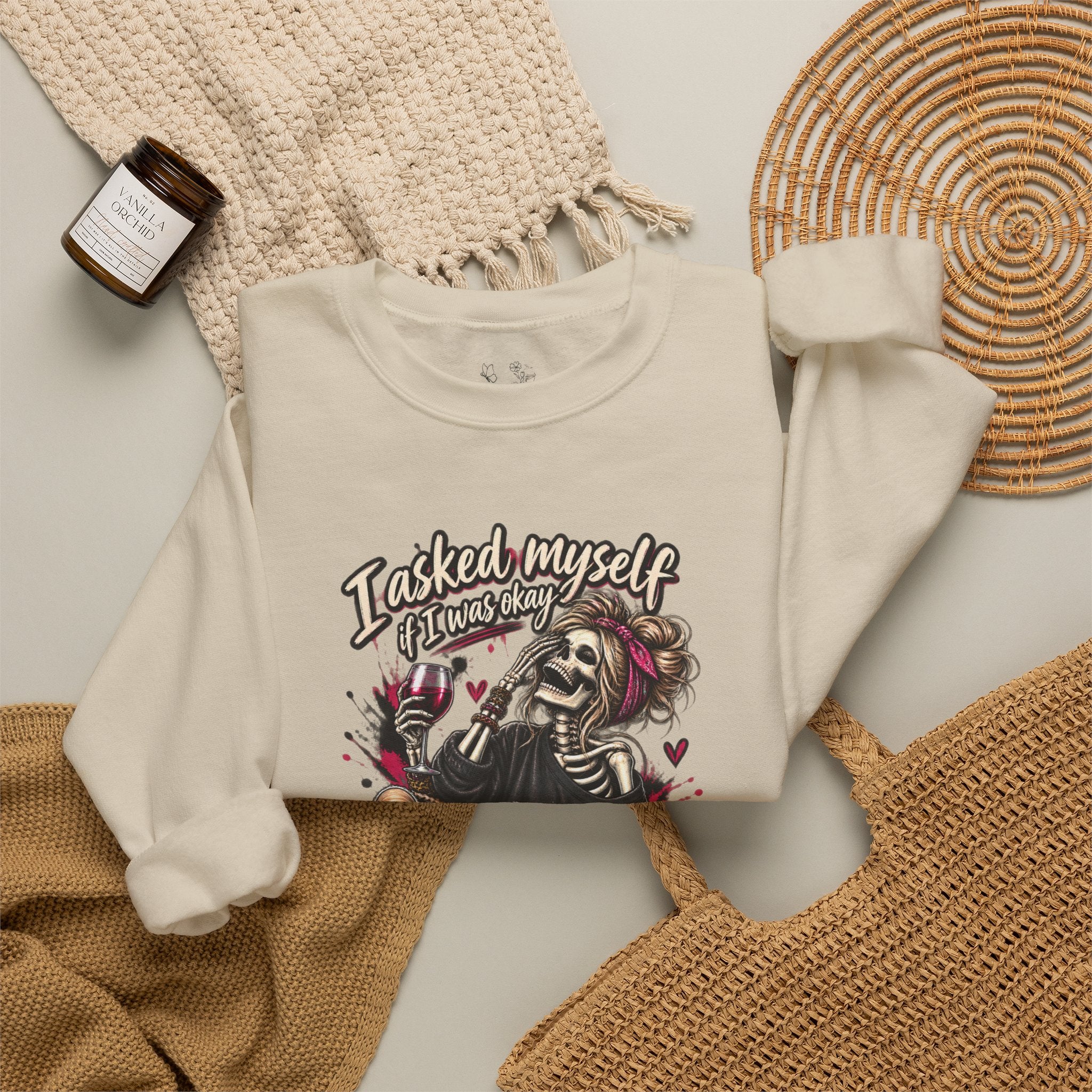 Crewneck Sweatshirt — 'I Asked Myself If I Was Crazy & Then We Started Laughing' Skeleton Graphic
