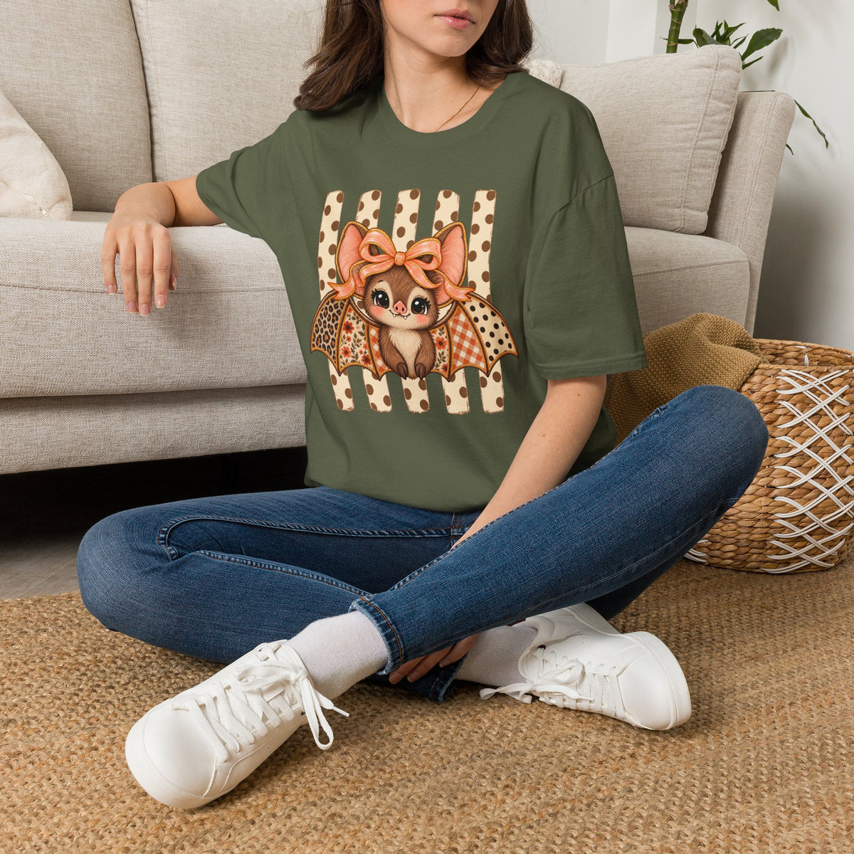 Cute Bat Tee — Adorable Bat with Bow Graphic T-Shirt (Leopard Striped Background)