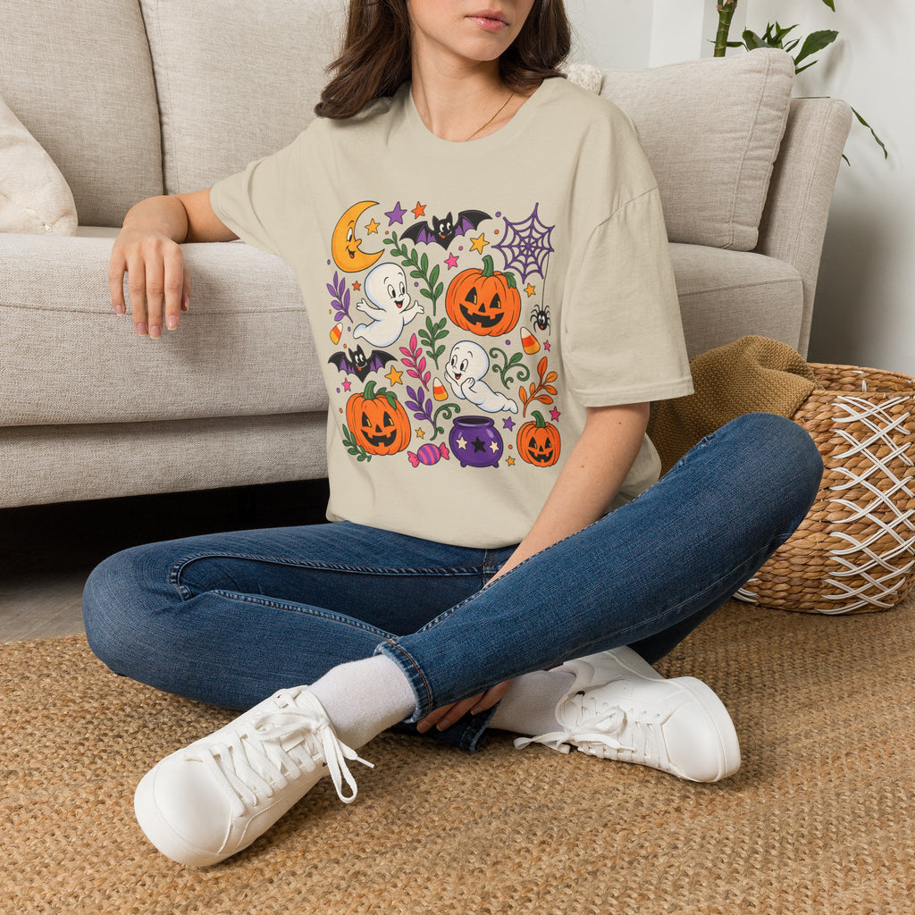 Cute Halloween T-Shirt — Friendly Ghosts, Pumpkins & Bats Graphic