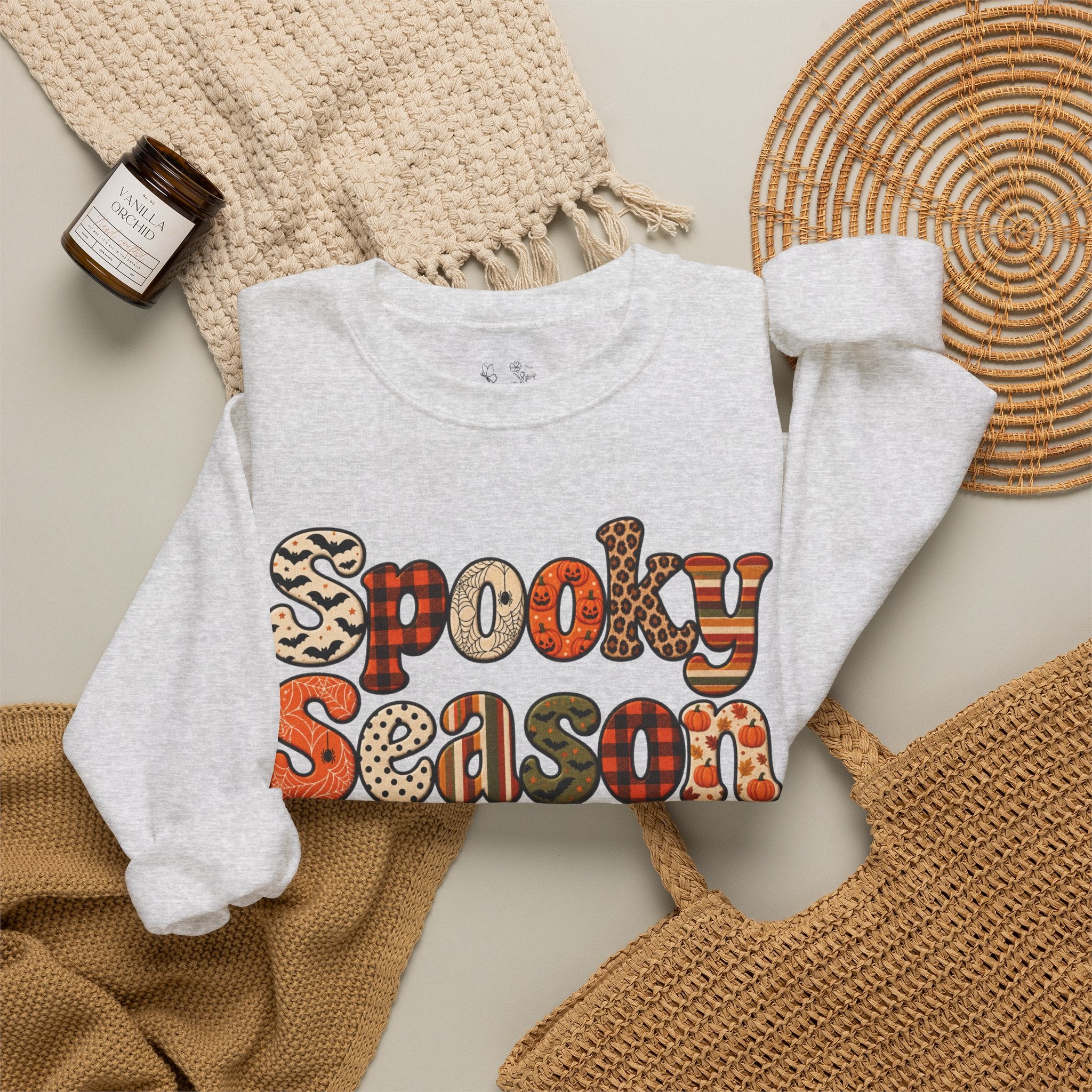 Spooky Season Sweatshirt — Retro Patterned Halloween Crewneck