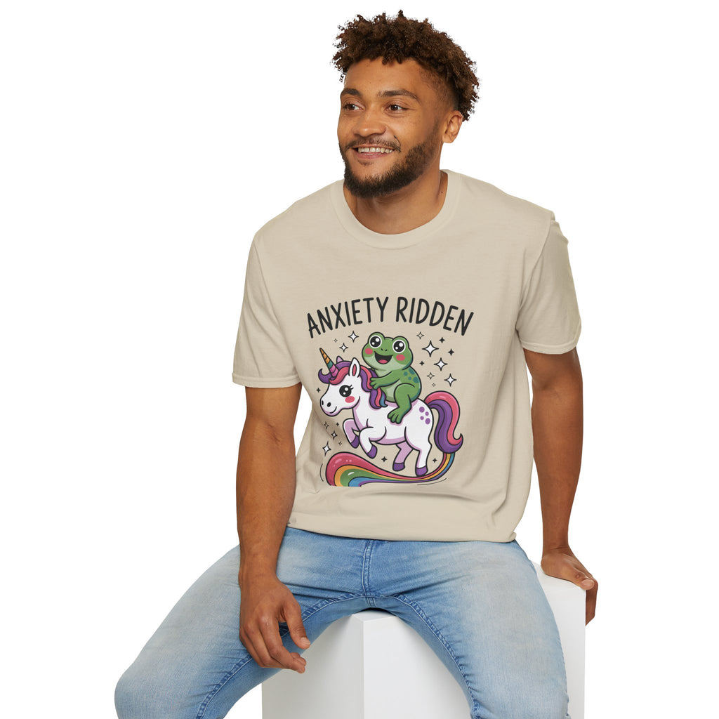 Anxiety Ridden Frog on Unicorn T-Shirt — Cute Mental Health Awareness Graphic Tee