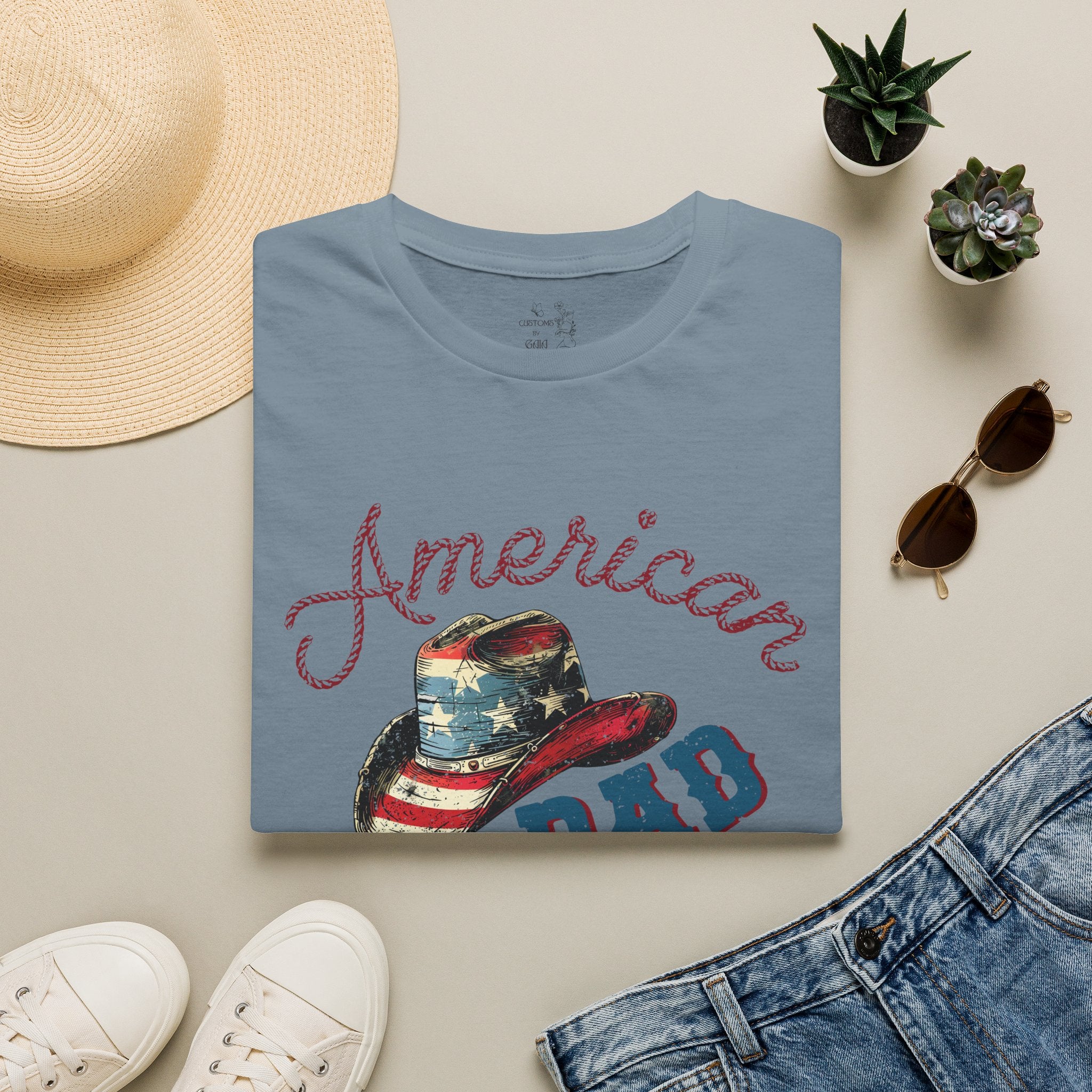 Patriotic “American Dad” Tee — Vintage Flag Cowboy Hat Dad T-Shirt