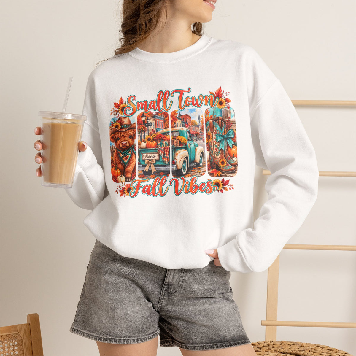 Fall Vibes Crewneck Sweatshirt - "Small Town Fall Vibes" Retro Autumn Graphic