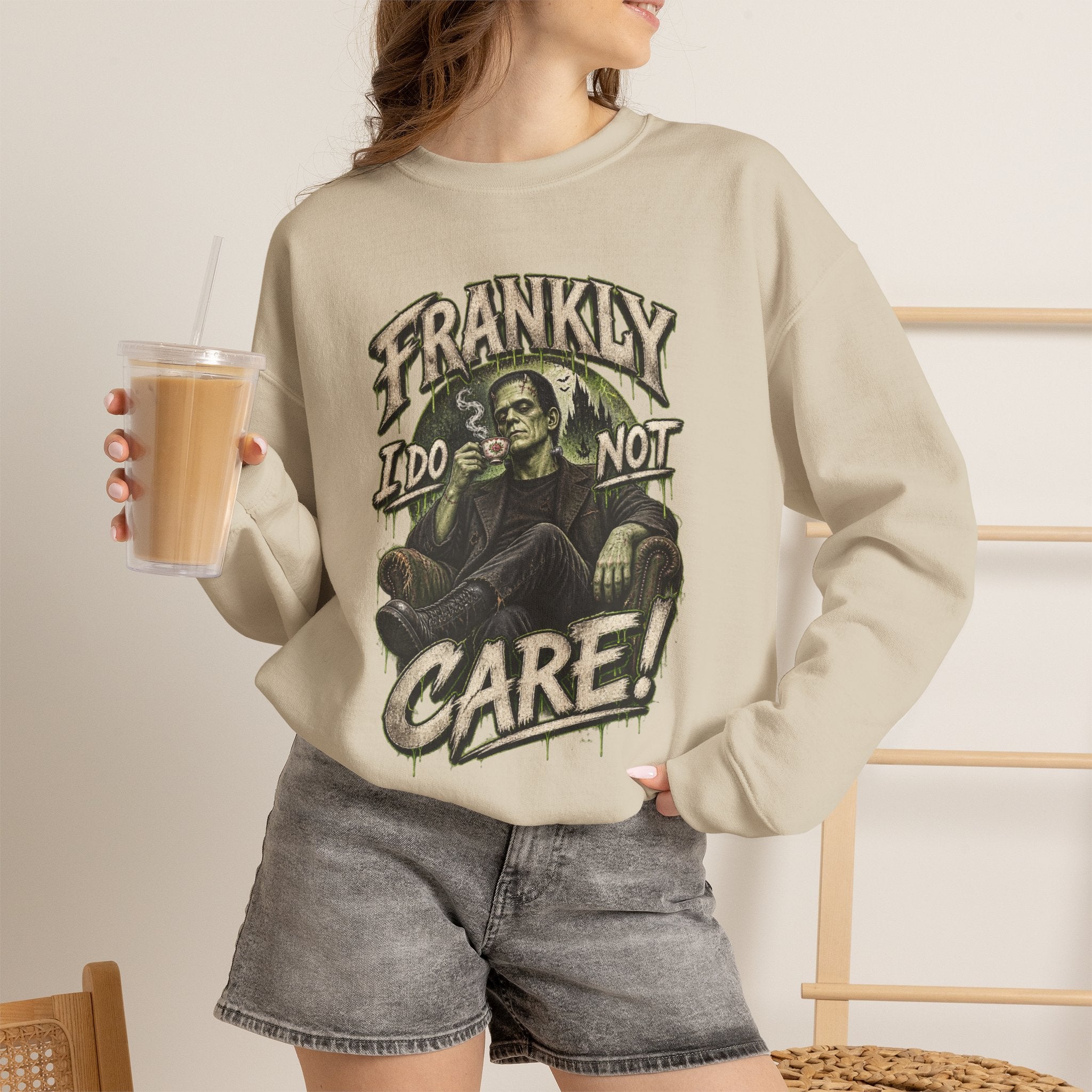 Sweatshirt — "Frankly I Do Not Care" Retro Gothic Skeleton Graphic Crewneck