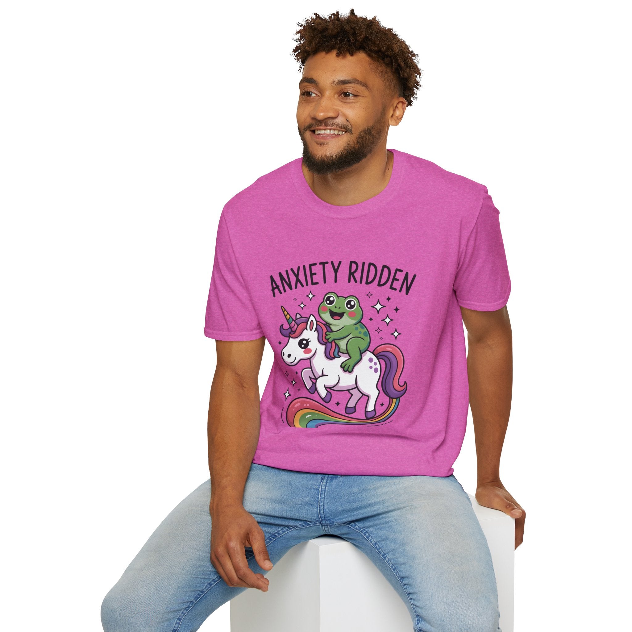 Anxiety Ridden Frog on Unicorn T-Shirt — Cute Mental Health Awareness Graphic Tee