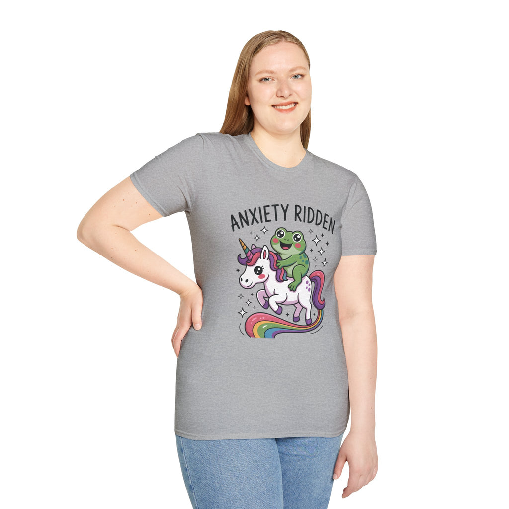 Anxiety Ridden Frog on Unicorn T-Shirt — Cute Mental Health Awareness Graphic Tee