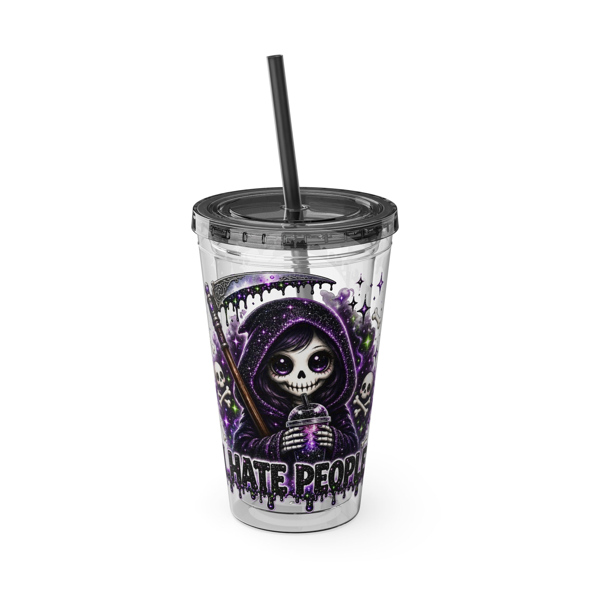 16oz Tumbler with Straw — Purple Grim Reaper “I Hate People” Graphic Cold Cup