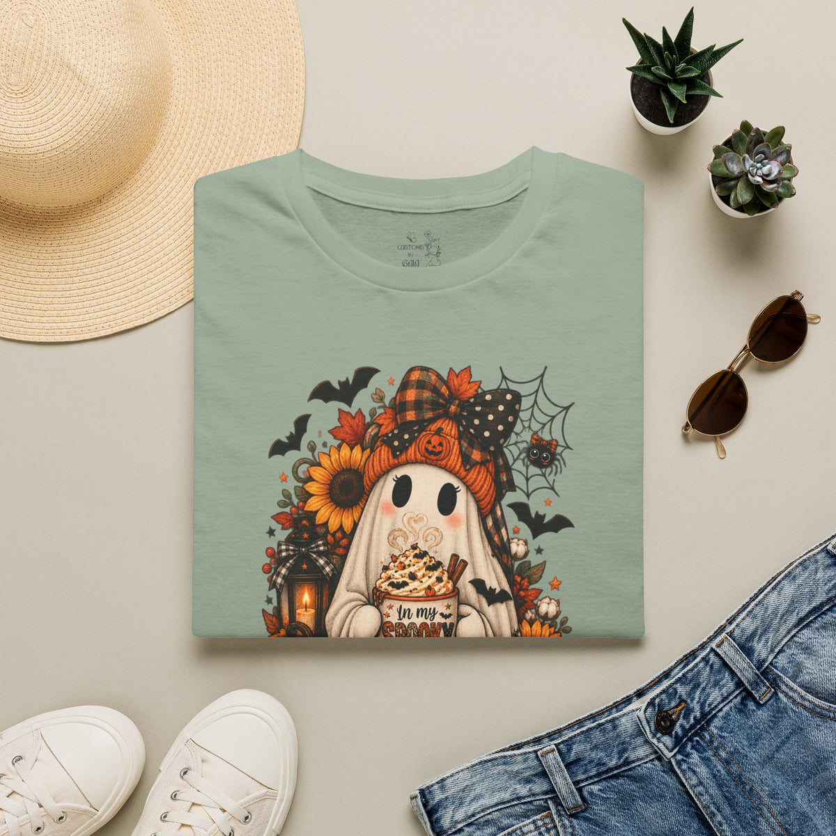 Halloween Ghost Tee – Cute Pumpkin, Sunflower & Trick-or-Treat Design