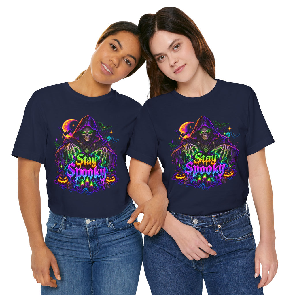 Stay Spooky Halloween Tee — Neon Grim Reaper & Haunted Castle Graphic T-Shirt