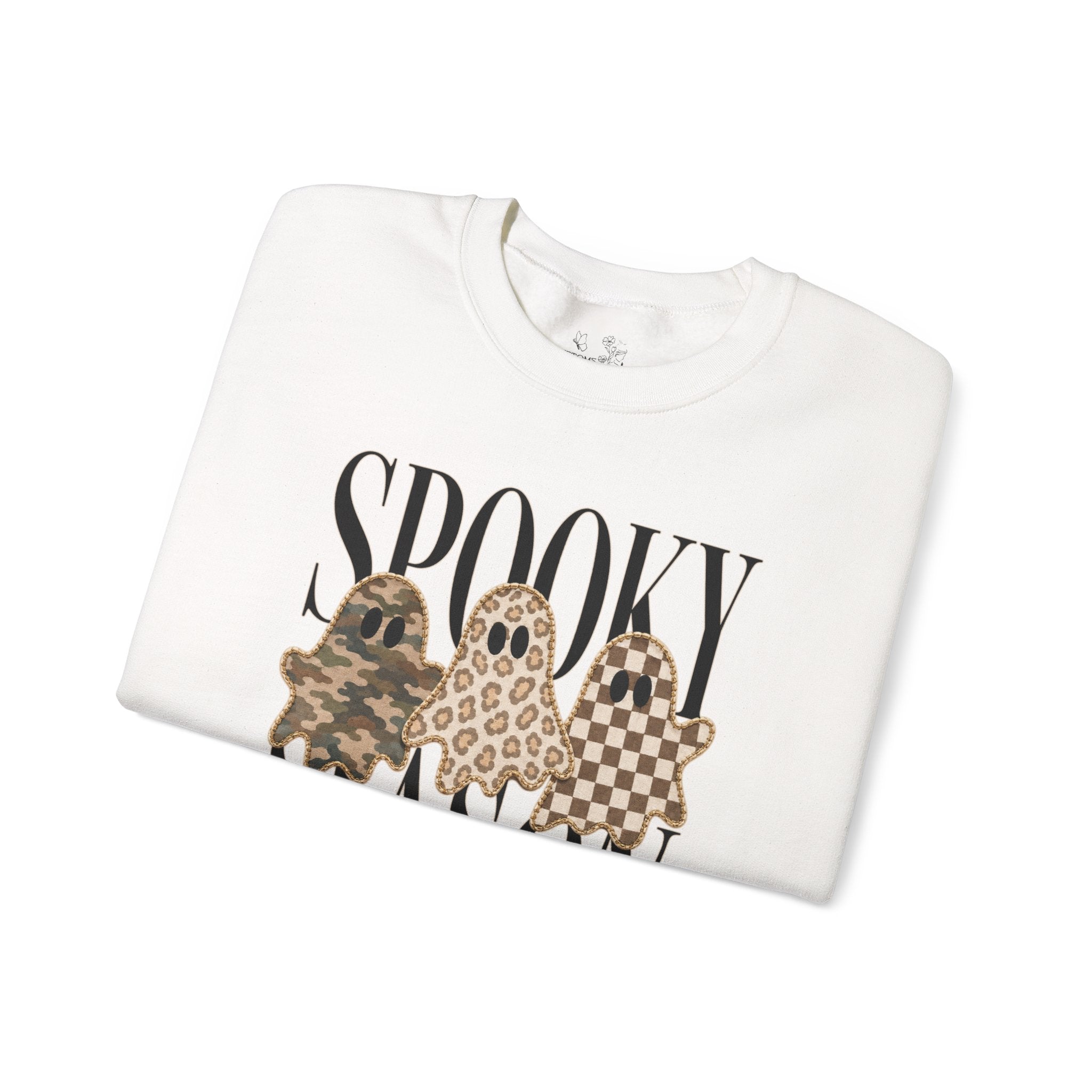 Spooky Season Ghosts Sweatshirt — Neutral Plaid & Camo Halloween Crewneck