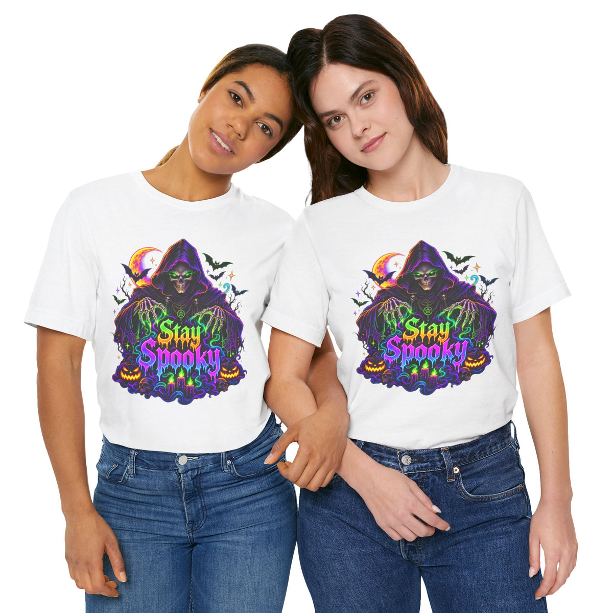 Stay Spooky Halloween Tee — Neon Grim Reaper & Haunted Castle Graphic T-Shirt