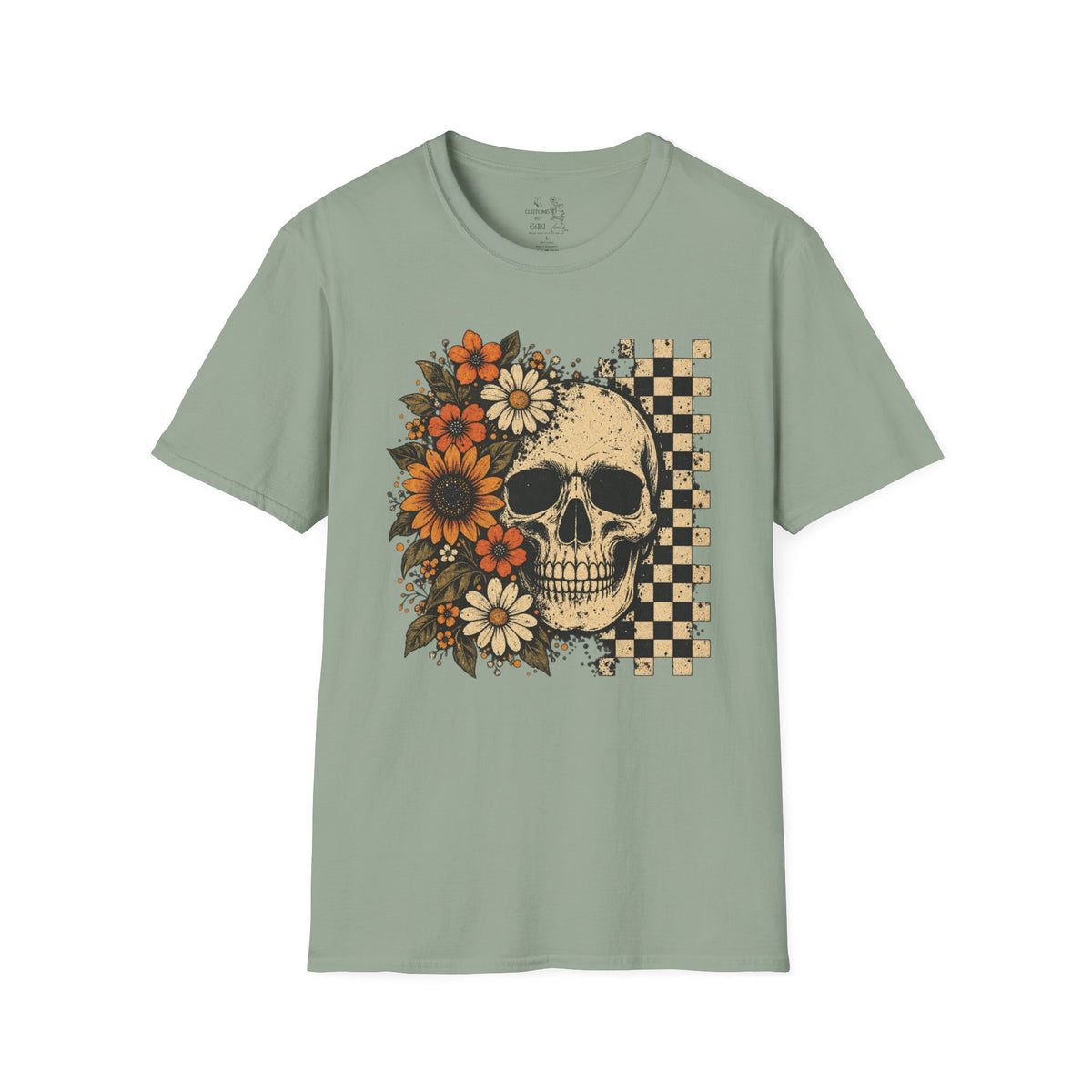 Floral Skull T-Shirt – Gothic Sunflower Checkerboard Design