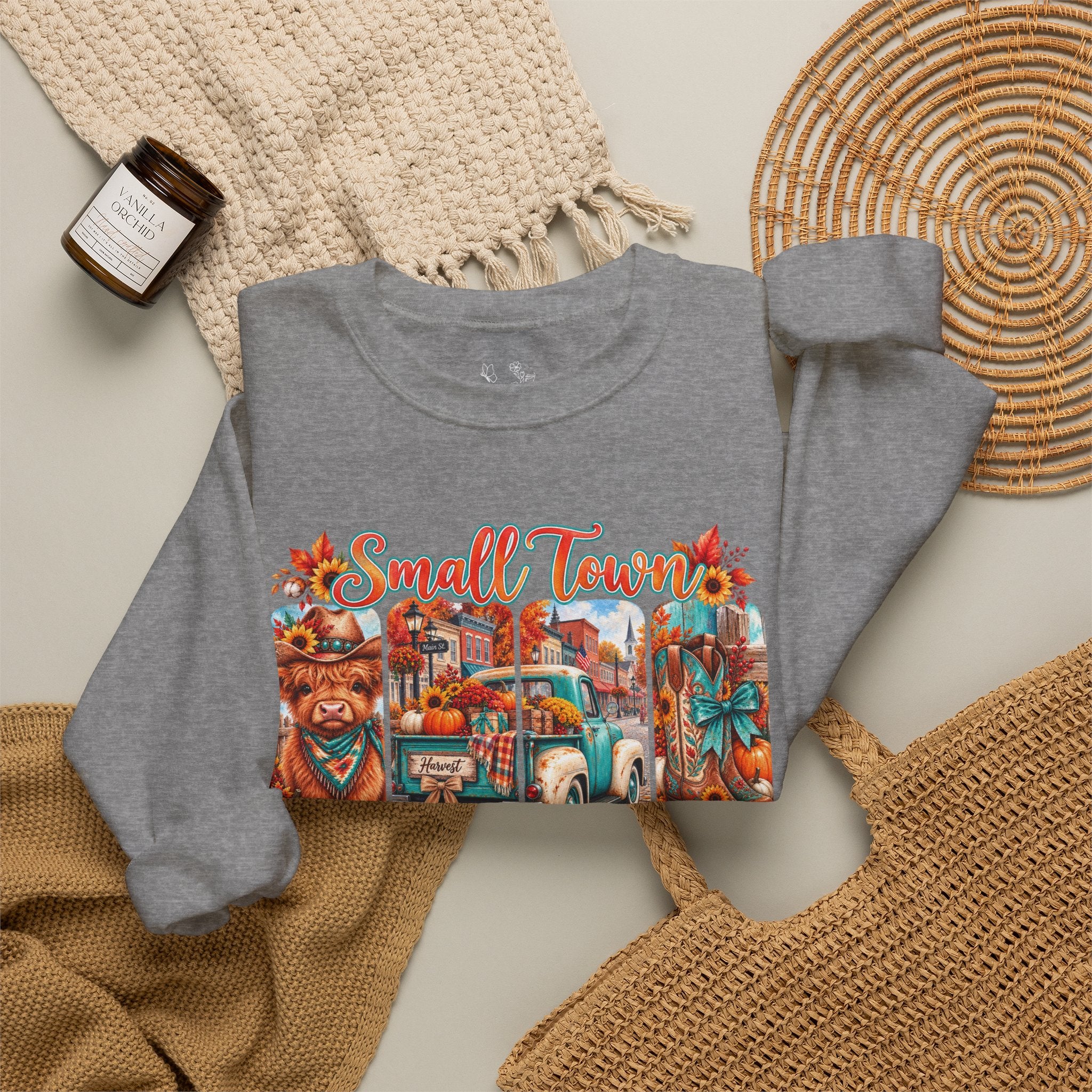 Fall Vibes Crewneck Sweatshirt - "Small Town Fall Vibes" Retro Autumn Graphic