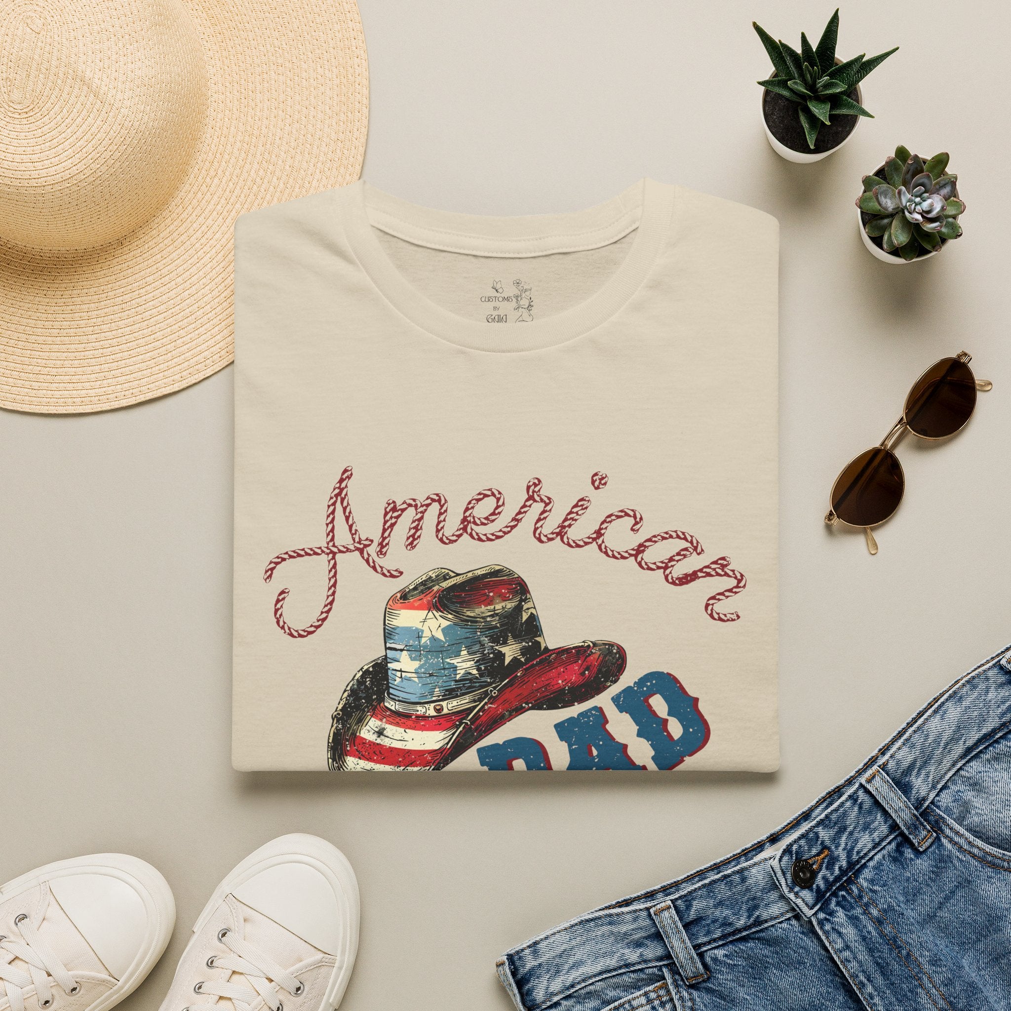 Patriotic “American Dad” Tee — Vintage Flag Cowboy Hat Dad T-Shirt